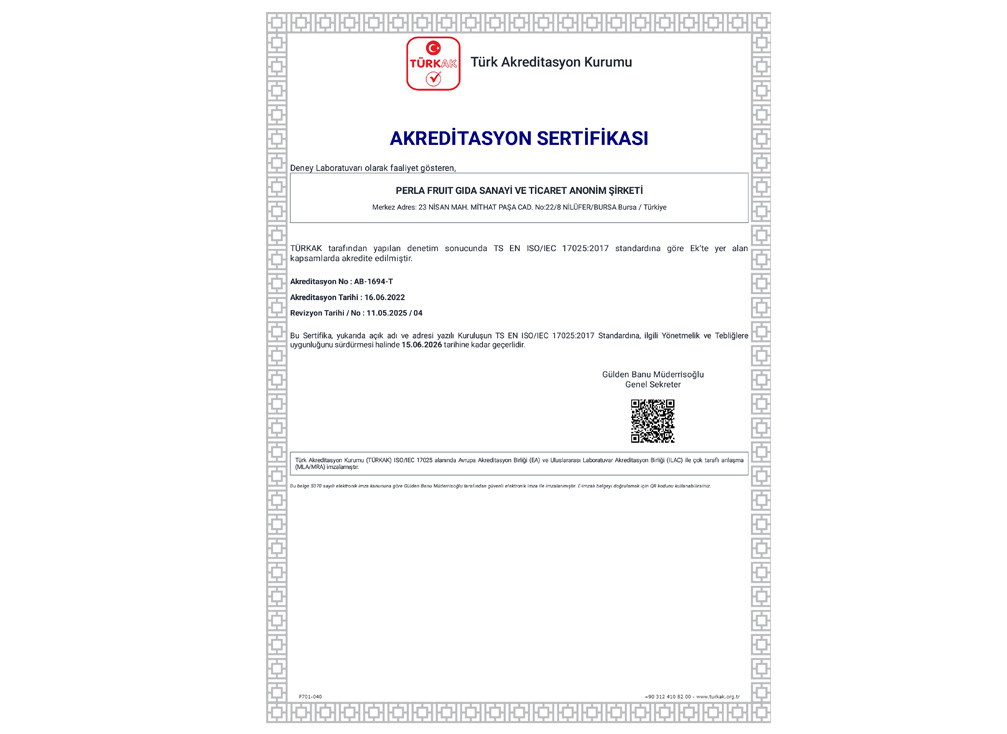 Perla Fruit Laboratuvarları Türkak Akreditasyon Sertifikası