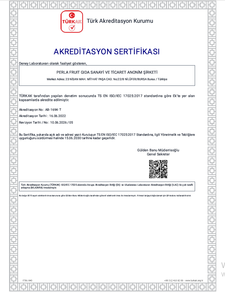 Perla Fruit Laboratuvarları Türkak Akreditasyon Sertifikası Perla Fruit Laboratuvarları Türkak Akreditasyon Sertifikası